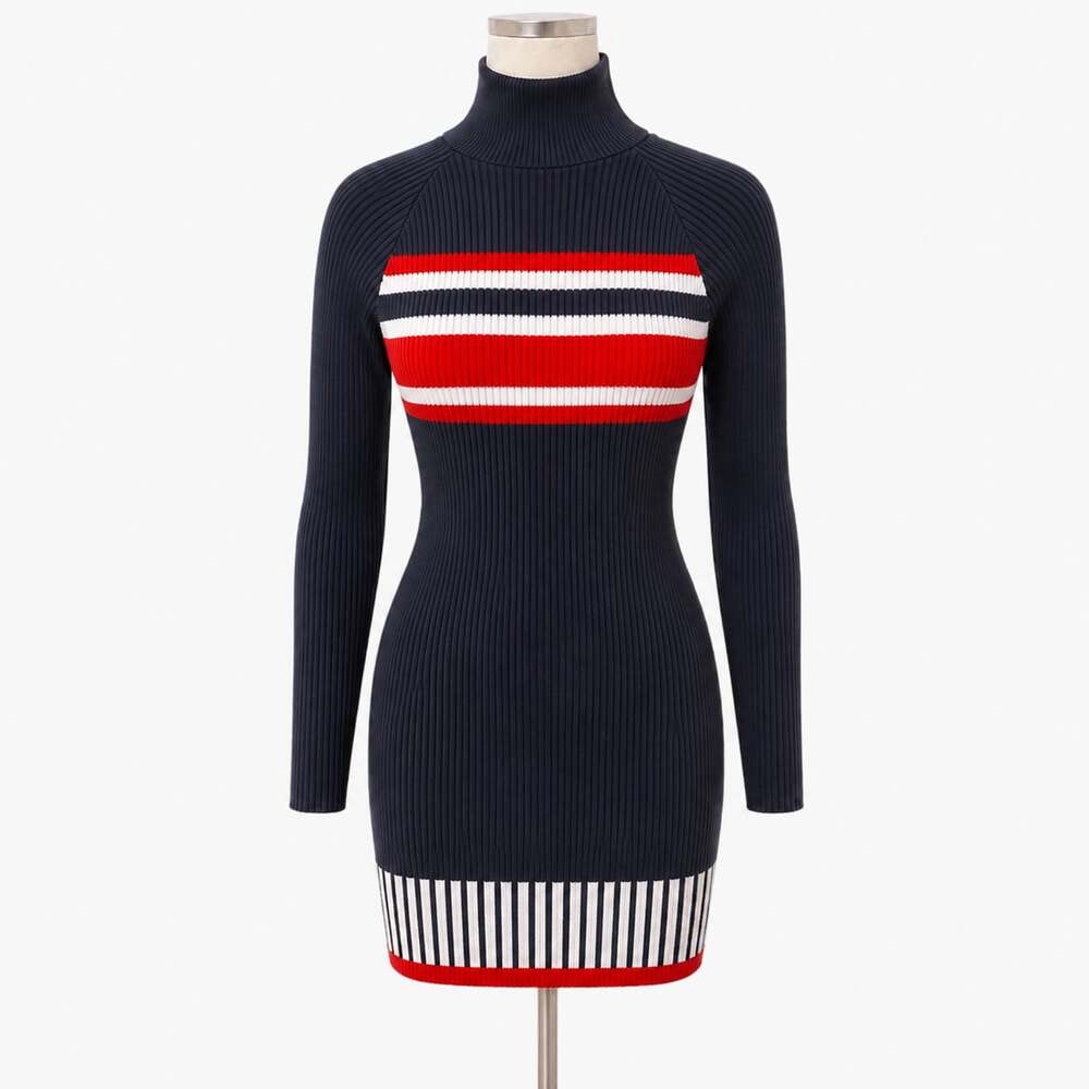OYROSY Women’s Small Navy Red White Ribbed Turtleneck Sweater Dress NWT